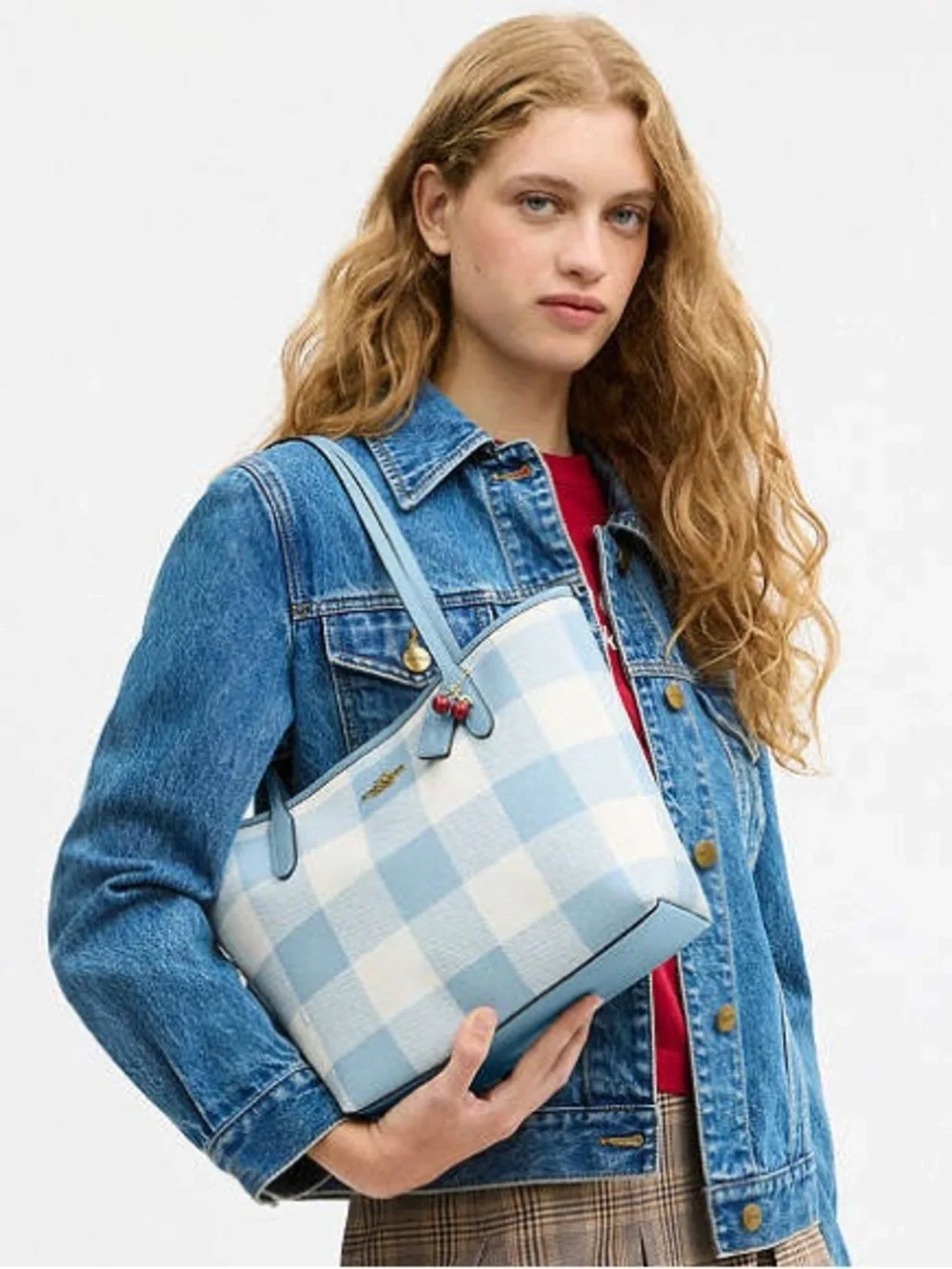Coach Medium City Tote Bag: Blue & White Gingham Print With Cherry Bag Charm